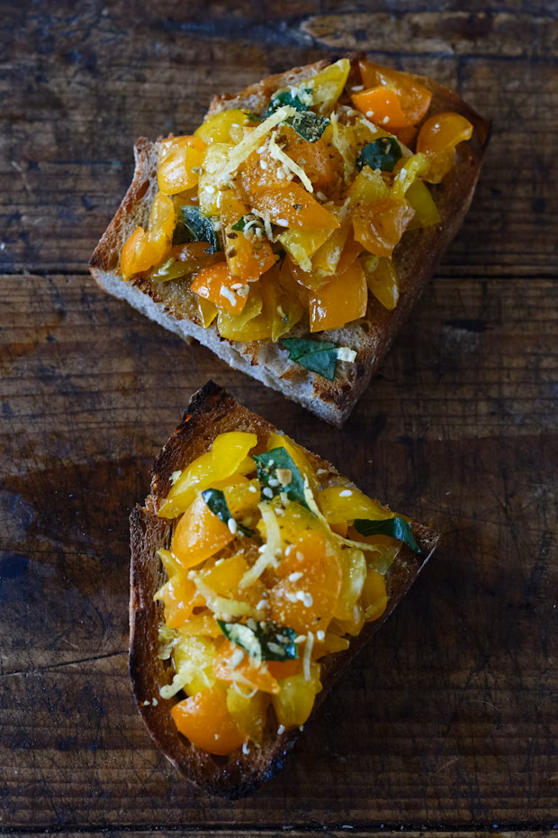 Close-up of finished bruschetta