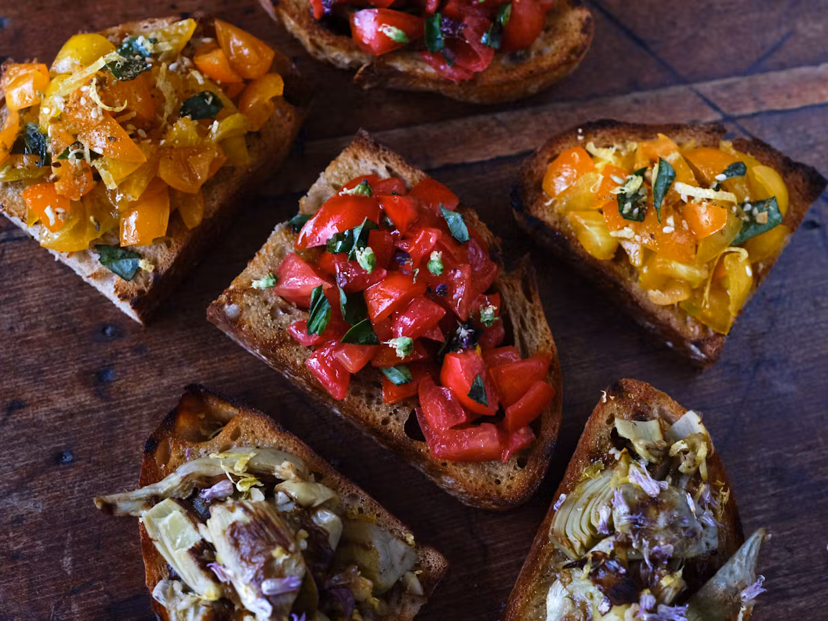Bruschetta platter with colorful tomato topping